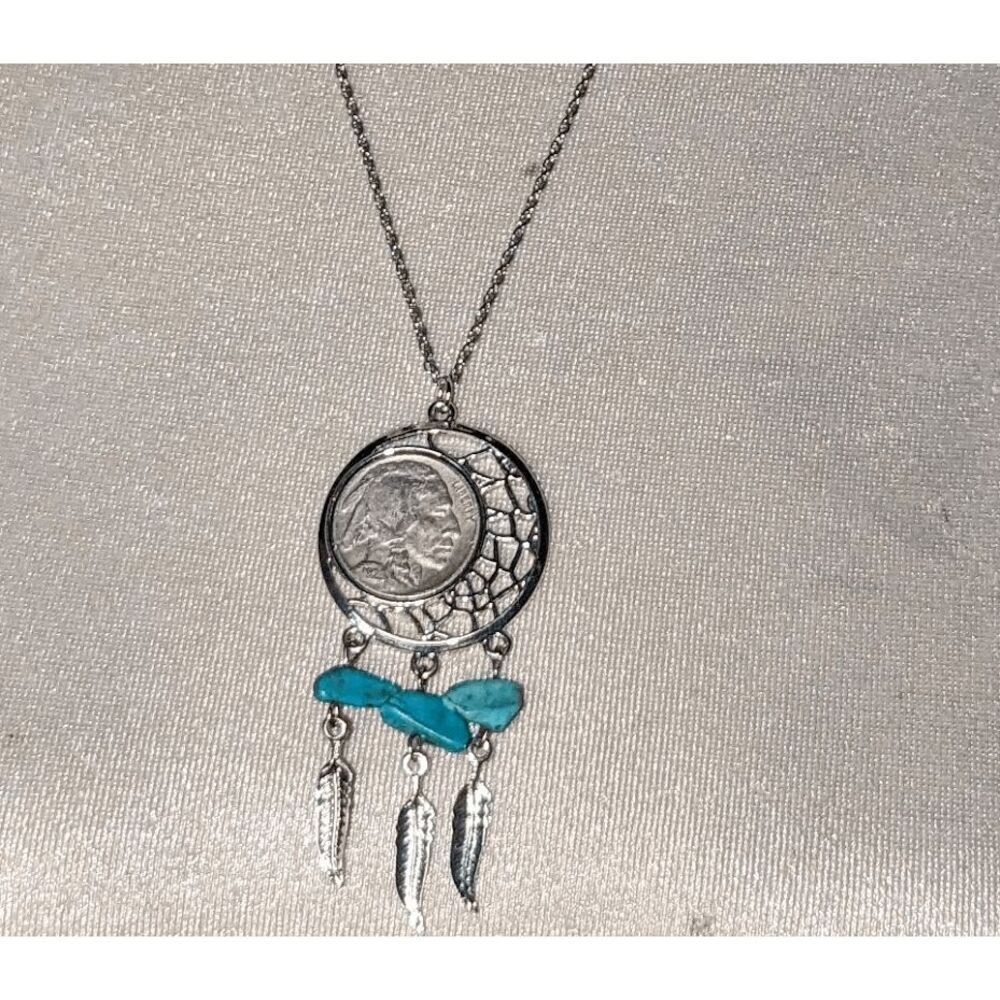 1929 Genuine Buffalo Nickel Faux Turquoise Stones Silver Tone Feather Pendant - Picture 4 of 4